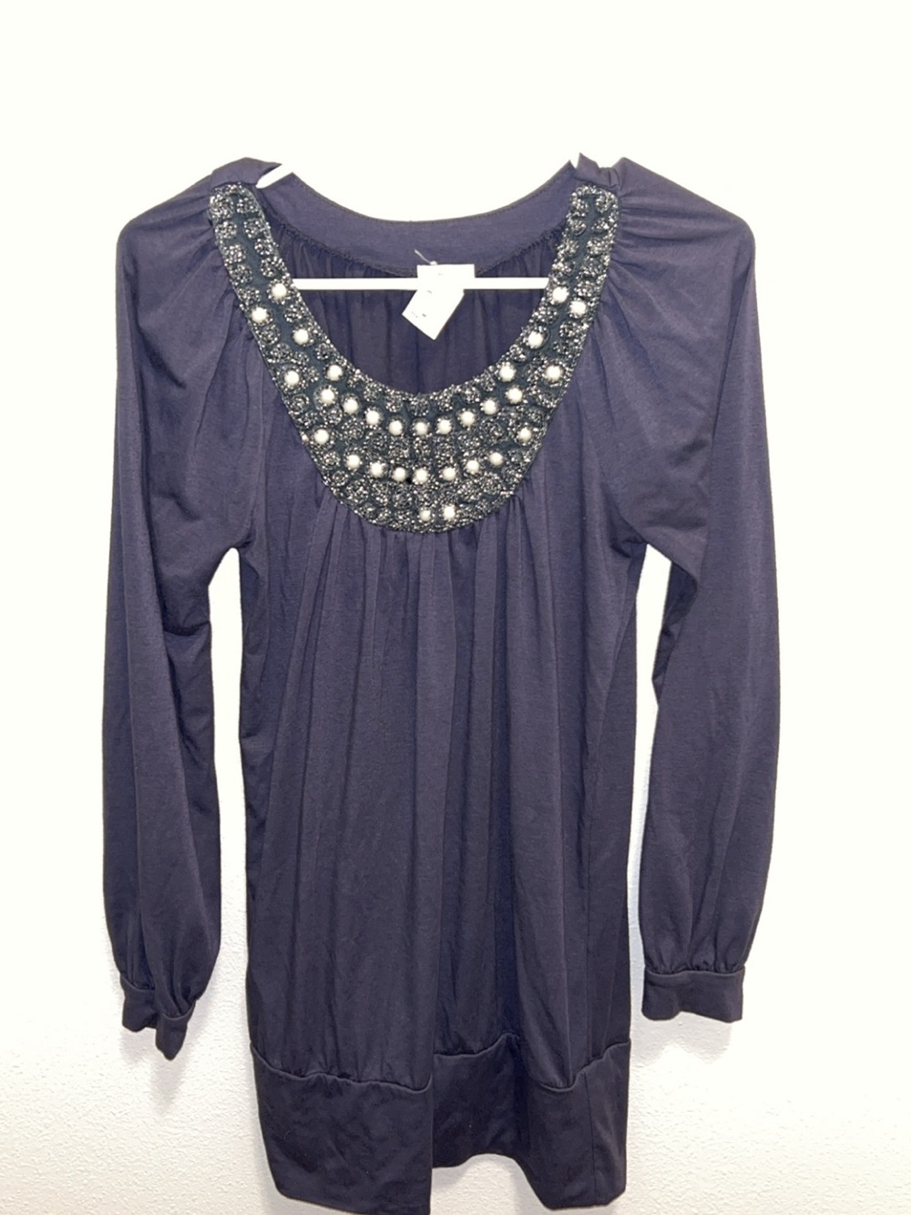 Studio Y Dark Navy Long Sleeve Tunic with Embellished Scoop Neck